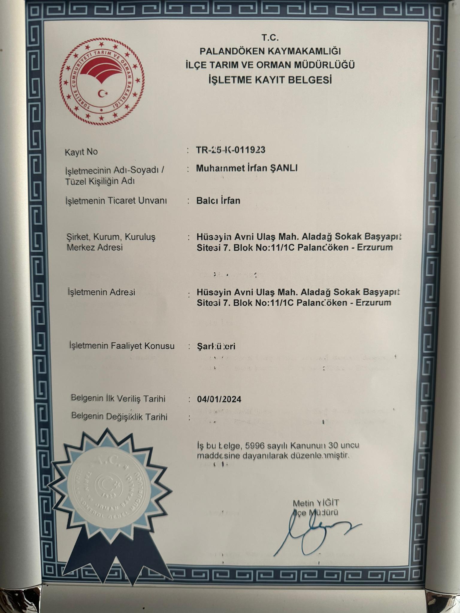TARIM ORMAN BAKANLIĞI İŞLETME İZİN BELGESİ
